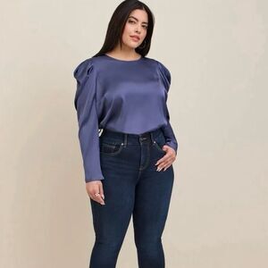 Torrid Blue Satin Puff Long Sleeve Keyhole Back Top - Size 2X